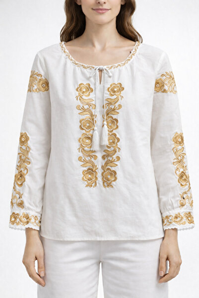 Nobrand Traditional ladies' dress with gold stitched embroidery, premium whit...