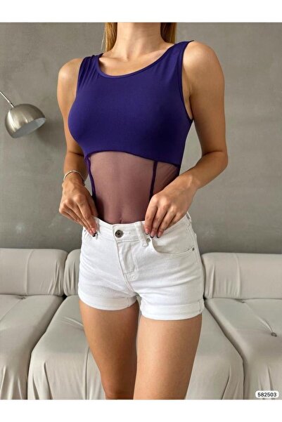 Modafeminen Purple Tulle Detailed Sleeveless Bodysuit 582503