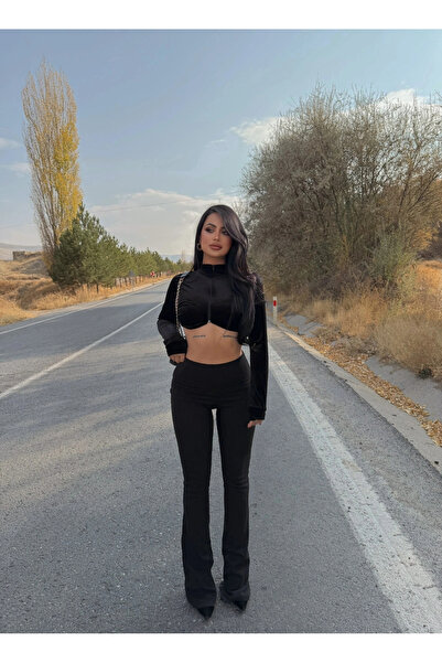 kırmızı butiks Siyah Ribanalı Yüksek Bel Tayt