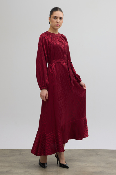 VAVİNOR Rochie jacquard cu curea - Roșu Claret