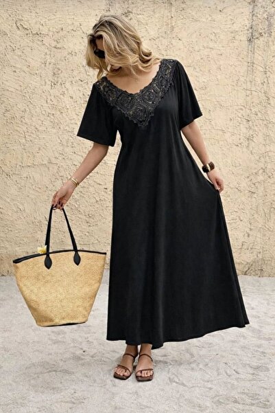 JANES Women's Short Sleeve Lace Guipure Detail V-Neck Maxi Dress