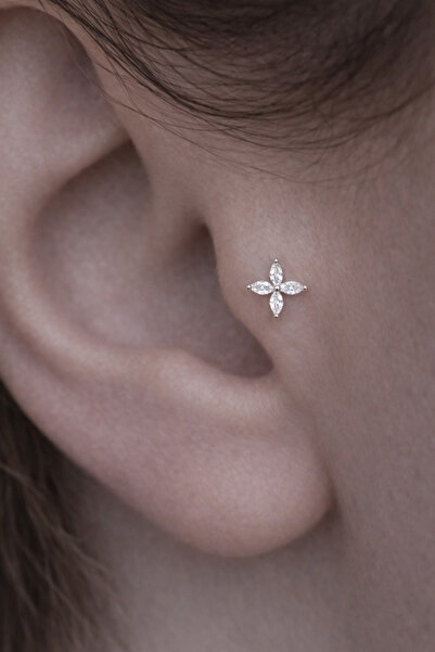 alysa jewelry Cerrahi Çelik Zirkon Taşlı Arkası Düz Çiçek Piercing, 6mm, trag...