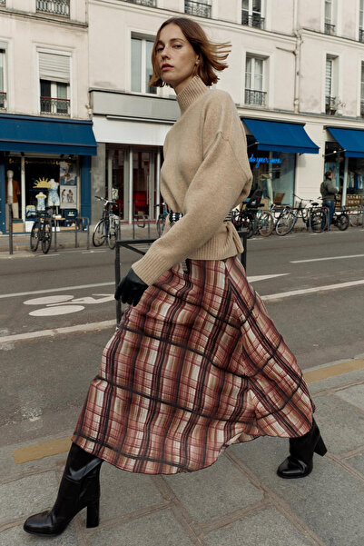 Madmext Brown Checkered Chiffon Women's Skirt Mg2678