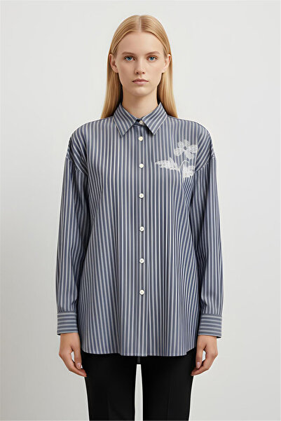 Perspective Navy Blue Floral Embroidered Classic Collar Shirt