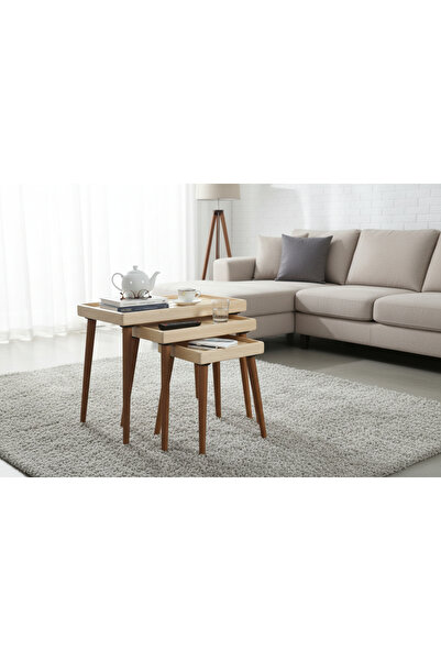 Mobenta Basic Nest-3 | Doğal Masif Ahşap 3'lü Zigon Sehpa, Latalı - BZ