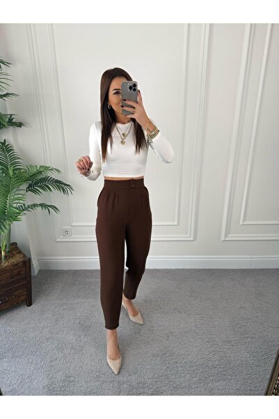 DİDEM GÜLTAKTI High Waist Carrot Model Bitter Brown Trousers