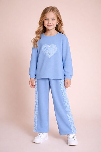 Cansın Mini Blue Rose Detailed Wide-Legged Pants Girl's 2-Piece Set 23731