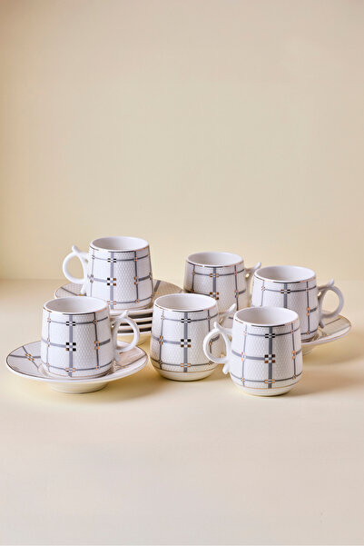 Perotti Sarayburnu 6 Kişilik 12 Parça Yaldızlı Çizgi Porselen Kahve Fincanı T...