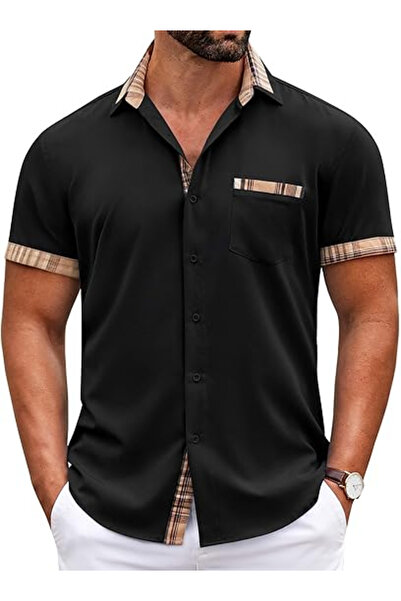 COOFANDY Men's short-sleeved shirt, regular fit, with buttons, black S