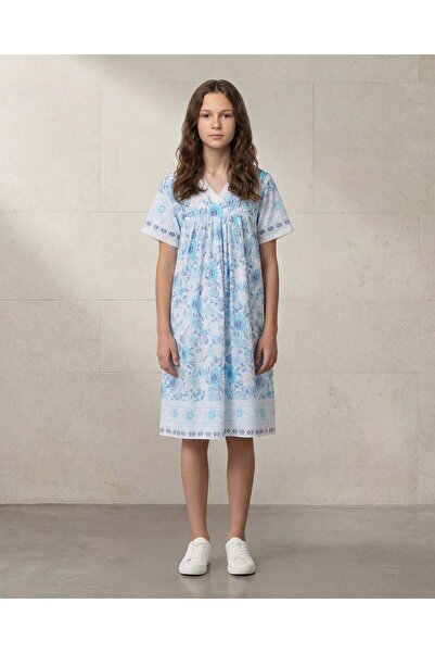 REDTAG Senior Girls Blue Floral Short Sleeve Nightgown