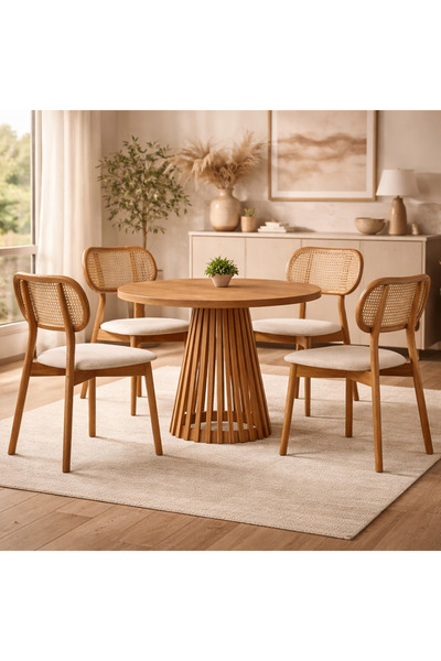 Albero Home Alberohome Masif Ahşap Yuvarlak Masa Takımı – Kafes Ayaklı Hazera...