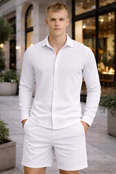 BRLKN Мъжки комплект от риза с дълъг ръкав и шорти от османска материя