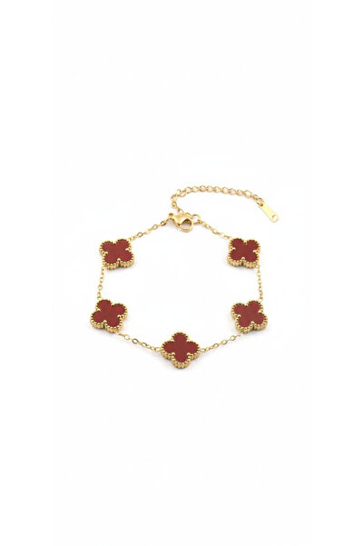 stainles steel Zincir Detaylı Bordo Yonca Bileklik