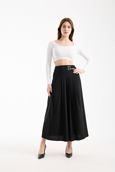 winmoda Fusta lungă plisată cu detaliu centură în talie, 94 cm, țesătură Lima...