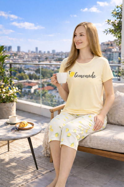 rindahomewear Capri Short Sleeve Milan Lemon Printed Pajama Set