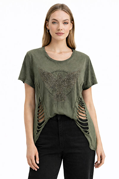 ERLINE KADIN TAŞLI CUT-OUT DETAYLI T-SHIRT