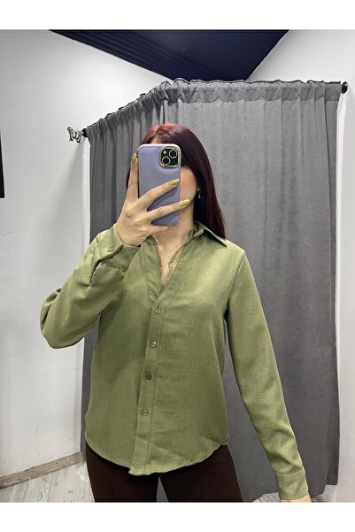 Store Kadın Haki V Yaka Düğmeli Keten Görünümlü Gömlek