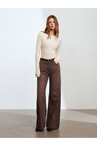 Dilvin 72295 100% Cotton Wide Leg Jeans-Brown