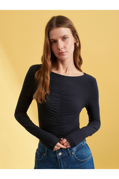 Dilvin 32600 Gathered Boat Neck Top-K.Navy Blue