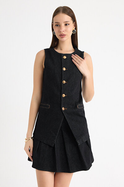 MOVİMENT Set din două piese: fustă mini neagră cu pliuri și detalii și vestă/...