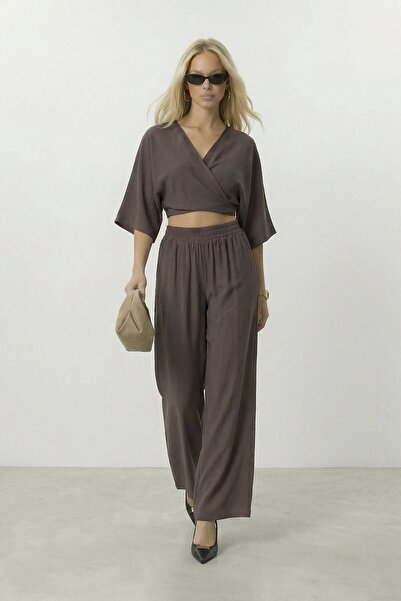 VAGGON Double-Breasted Collared Blouse and Pants Set