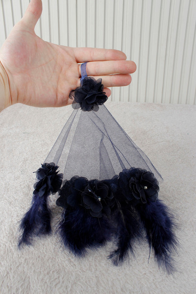 Mortex Lacivert Üç Boyutlu Çiçek Tüy Taş Süslemeli Gelin Damat El Halay Mendi...