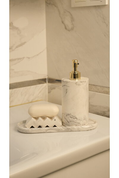 BeeCandleHome Beyaz Mermer Desenli 3'lü Banyo Seti - Gold Renk Pompa