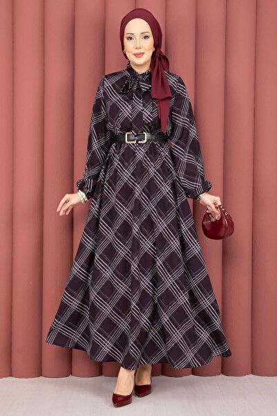 EBRUTESETTÜR Plaid Pattern Gathered Waist Hijab Dress Black