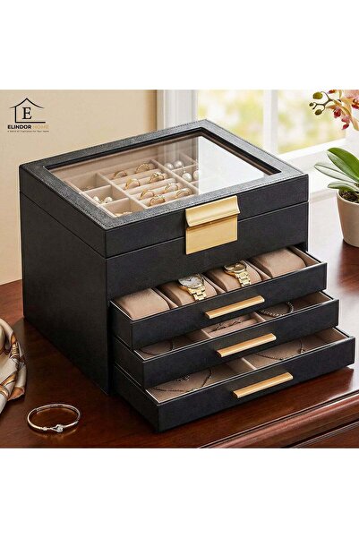 Elindor Cutie de bijuterii cu capac, organizator cu 4 niveluri, 3 sertare, sp...