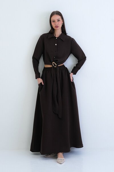 VAGGON Buckle Detailed Shirt and Elastic Waist Skirt Set