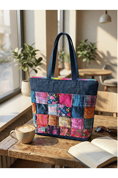 Ays Quilt Patchwork Patterned Denim Shoulder Bag with Pockets - Handmade Bag ...