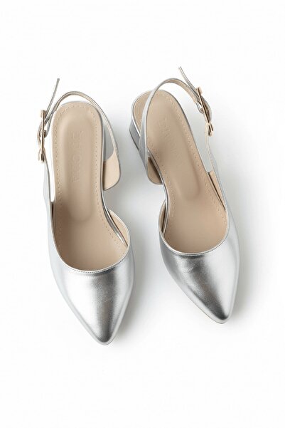 DURUNUN BUTİĞİ Duara Silver (4 cm Heel Length) Pointed Toe Heeled Ballerina S...