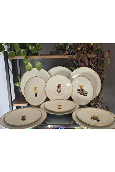 FERMATO 12 Piece Porcelain Cake and Serving Plate Set for 6 People Teddy Series