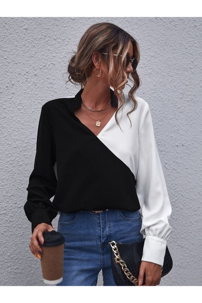 Mad Diva Κομψό δίδυμο λευκό/μαύρο σατέν πουκάμισο με μακριά μανίκια