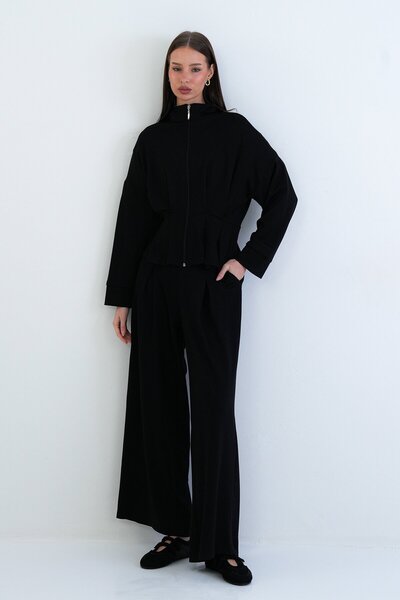VAGGON Zippered Sweatshirt and Elastic Waist Pants Set