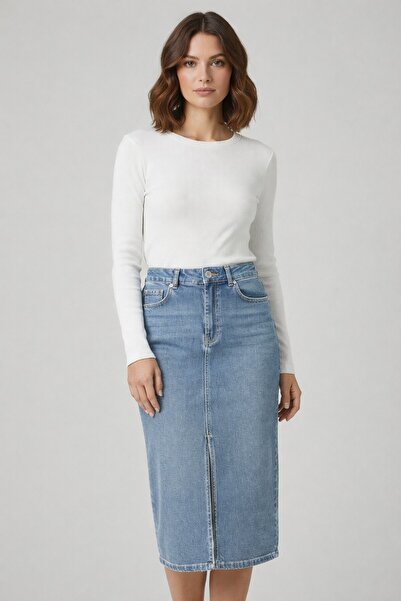 Ekol Önü Yırtmaçlı Midi Kot Etek 3042