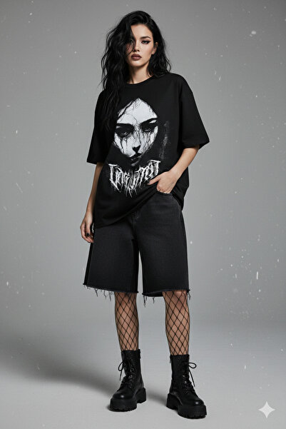 Agolady Dark Art Design Printed Black Cotton Oversize T-Shirt