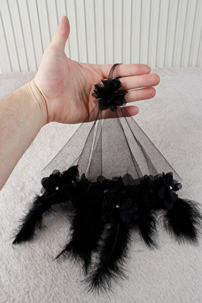 Mortex Siyah Üç Boyutlu Çiçek Tüy Taş Süslemeli Gelin Damat El Halay Mendili,...