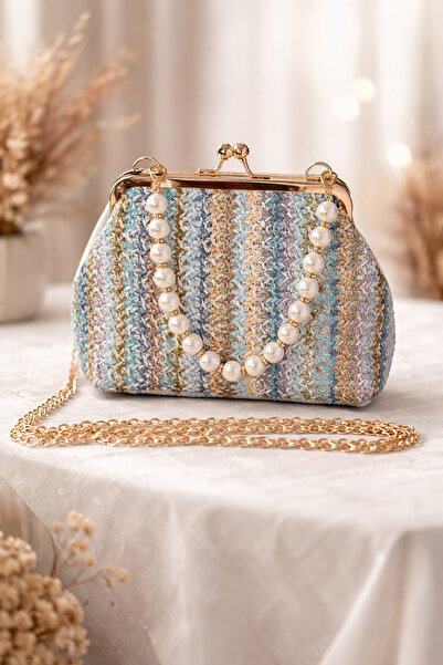 Özkayalargroup Pearl Handle Straw Handbag and Chain Crossbody Shoulder Bag