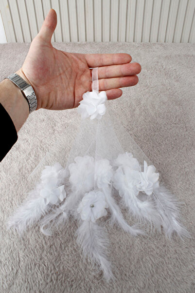 Mortex Beyaz Üç Boyutlu Çiçek Tüy Taş Süslemeli Gelin Damat El Halay Mendili,...