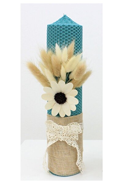 PRICHINDEL Lumânare de botez, tip fagure, ceară de albine, cu floare, turcoaz...