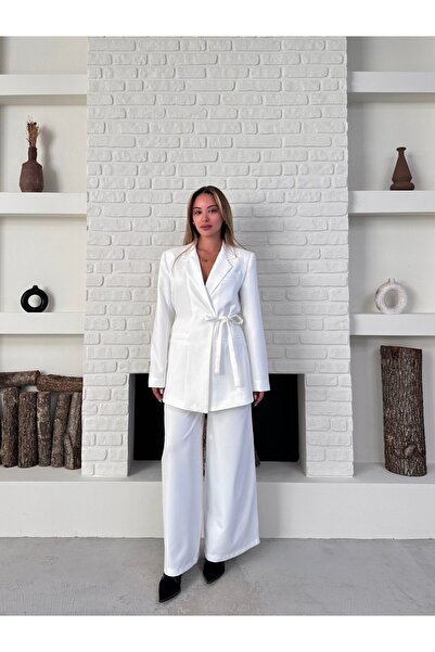 solena sln Women's Side-Tie Double Belted Blazer Jacket and Trousers Set White