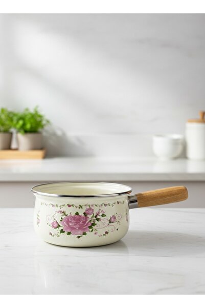 SAVAŞAN Pink Floral Patterned Enamel Sauce Bowl with Wooden Handle, Milk Bowl...