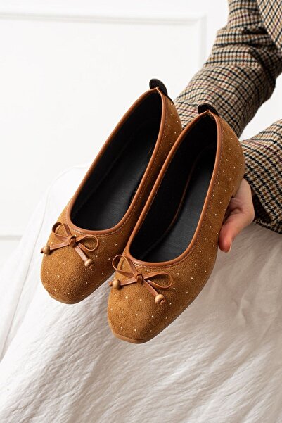 FUGA MODA Fiora Tan Suede Mini Ballerina Flats with Stone Bow and Wooden Bead...