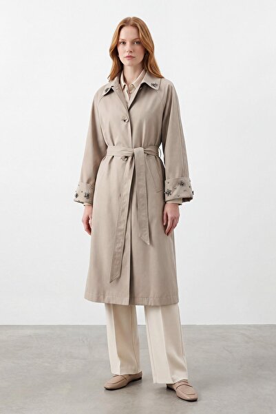 Puane Women's Collar and Sleeves Embroidered Belted Trench Coat – 15265Trc - ...