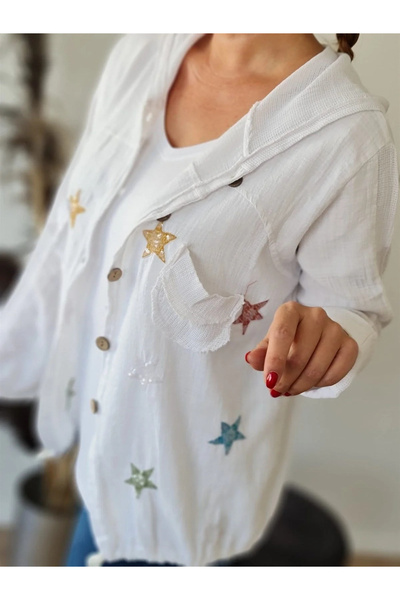 bysoca Women's White Hooded Colorful Star Embroidered Long Sleeve Pocketed Dr...