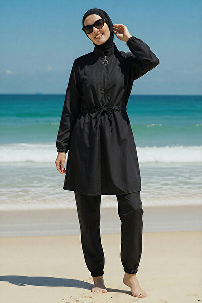 armonika 2-Piece Set (Top-Bottom) Tie-Waist Shirt Collar Zippered Burkini Qui...