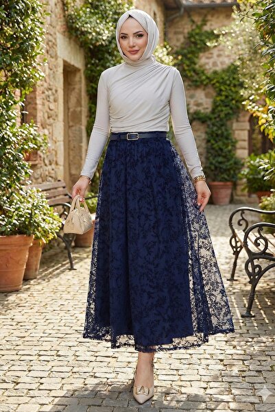 hafsamina Lined Belted Floral Patterned Tulle Skirt Navy Blue Hm2877