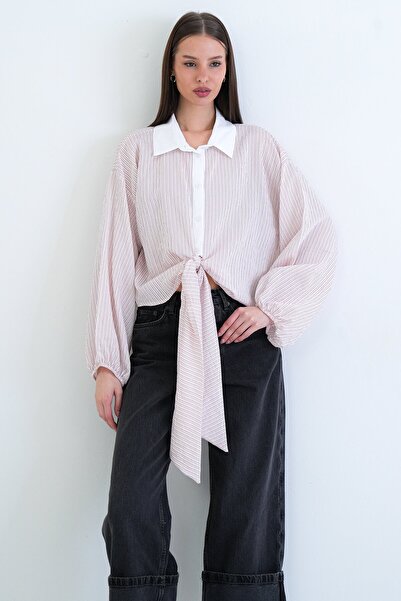 VAGGON Striped Tie Detailed Shirt