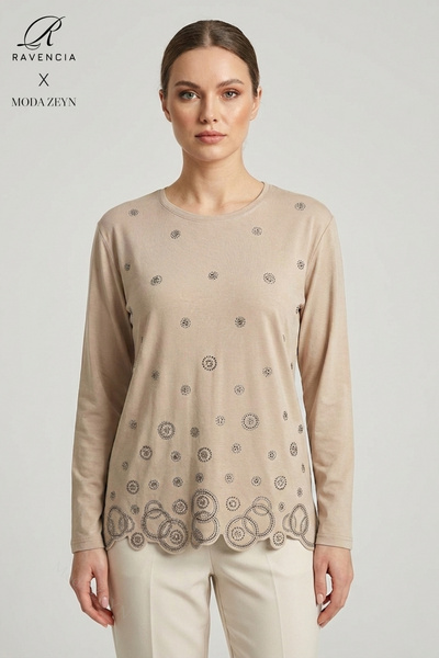 Ravencia Women's Ring Patterned Collar and Skirt, Stone Embroidered, Slit, Ly...